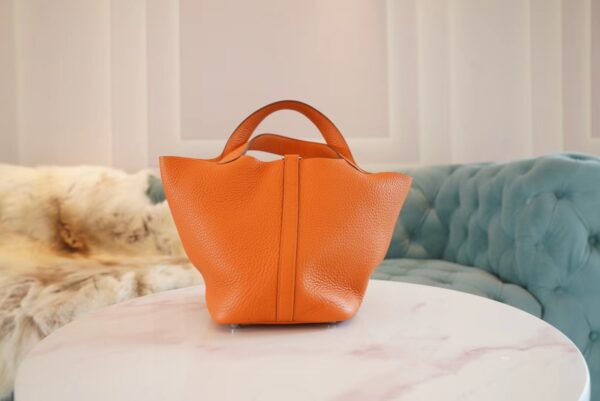37820a5b0cd29e3-1 Full Handmade Hermes 93 Orange Clemence Leather Picotin18CM Silver Hardware