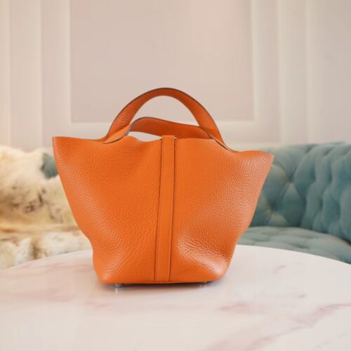 Full Handmade Hermes 93 Orange Clemence Leather Picotin18CM Silver Hardware