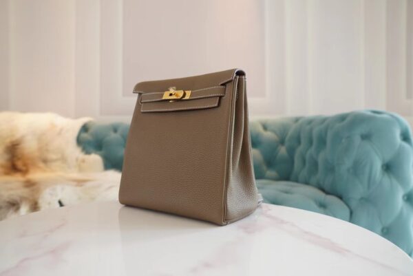 3866badb2ec56c3 New God Factory Bags Hermes C18 Gris Etoupe Clemence Leather Kelly Ado Backpack22cm Gold Hardware