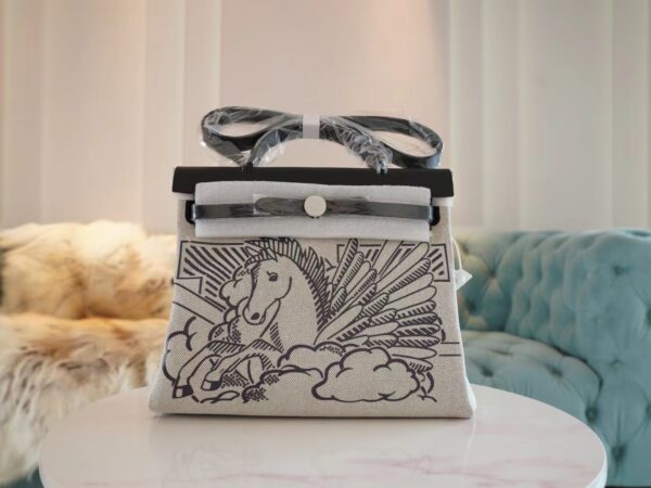 3ba36ddf0087b35-1 Handmade Hermes CK89 Nior Barenia/ Beige Canvas Herbag 31CM Silver Hardware