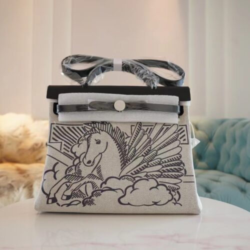 Handmade Hermes CK89 Nior Barenia/ Beige Canvas Herbag 31CM Silver Hardware