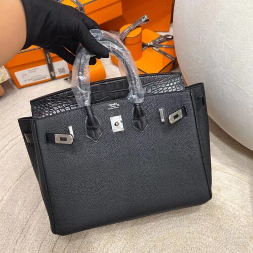 Handmade Hermes Birkin Touch 25CM Togo/ Matte Crocodile 89 Noir Silver Hardware