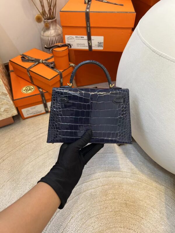 3e155bb48c822f1 Hermes Boutique 73 Blue Saphir Shiny Alligator Mini Kelly 19CM Gold Hardware