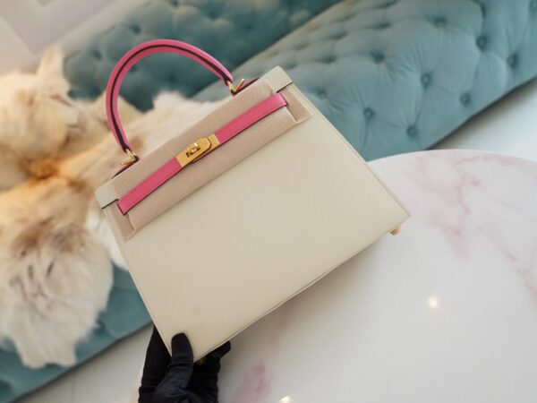 401dadecde0c697 Handmade Hermes Kelly Sellier 25CM Epsom CK10 Craie/ 8W Rose Azalee Brush Gold Hardware
