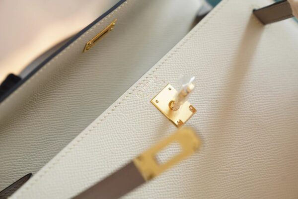 407316f3fb3bb22 Hand Stitch Hermes Craie/Gris Asphalt Epsom Leather Kelly 25CM Tote Bag Gold Hardware