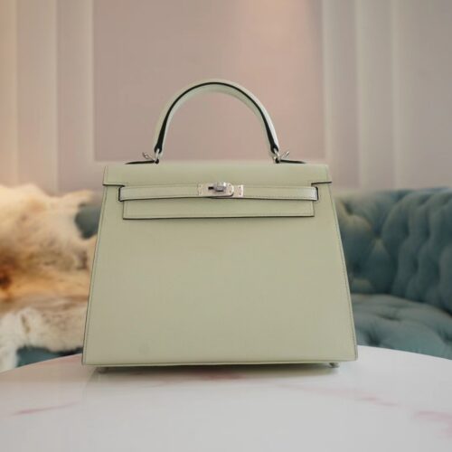 Full Handmade Hermes 0S Vert Fizz Kelly 25CM Epsom Leather Silver Hardware