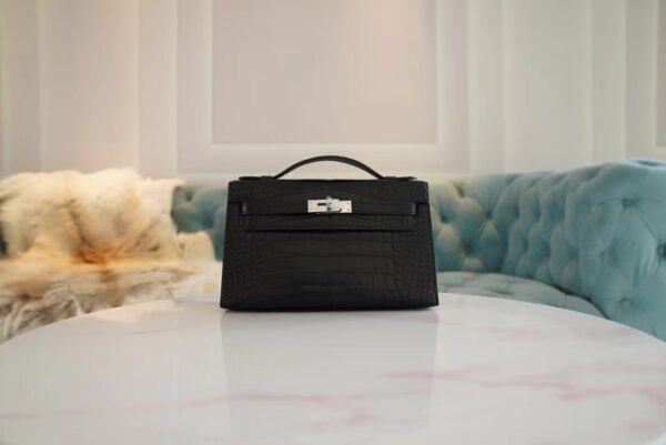 41c666746cc0b5b-1 Hermes Shop Hermes Kelly Pochette 22CM Matte Alligator 89 Noir Silver Hardware