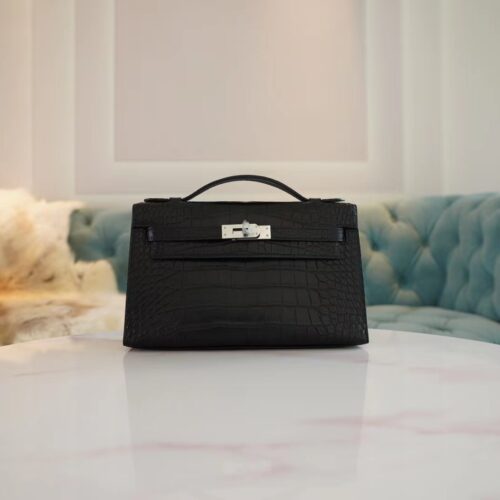 Hermes Shop Hermes Kelly Pochette 22CM Matte Alligator 89 Noir Silver Hardware