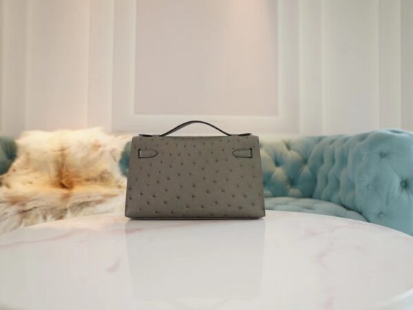 443e99b1b63eca6 Hermes Shop Kelly Pochette 22cm Ostrich M8 Gris Asphalt Silver Hardware