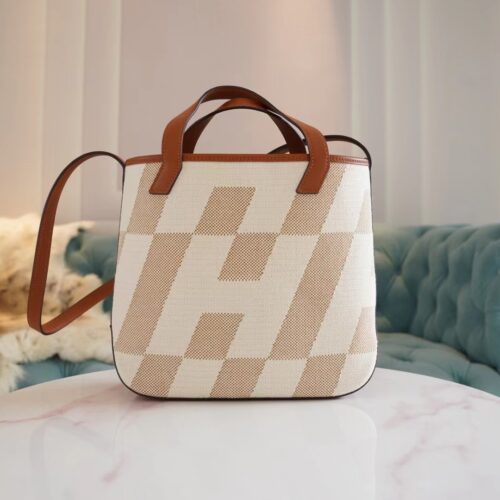 Lcmode Factory Hermes CK37 Gold H en Biais27 Canvas/Swift Leather Tote Bag