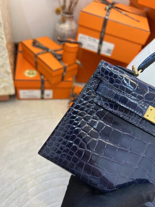 44cbac8f58aef9c Hermes Boutique 73 Blue Saphir Shiny Alligator Mini Kelly 19CM Gold Hardware