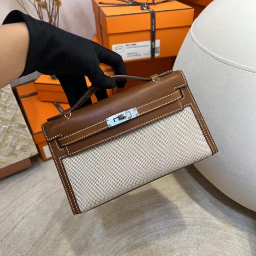 Hermes Kelly Pochette 22CM Barenia Fauve/ Canvas Beige Silver Hardware