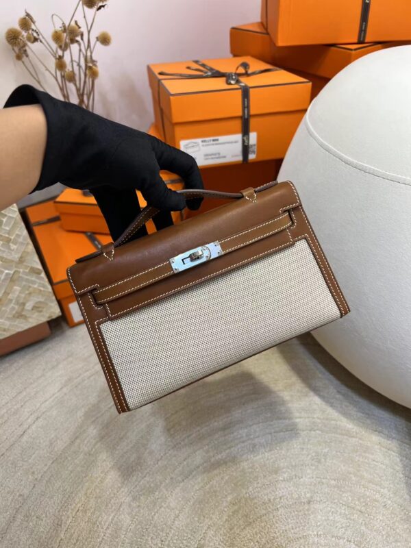 459c18bdfacff9e Hermes Kelly Pochette 22CM Barenia Fauve/ Canvas Beige Silver Hardware
