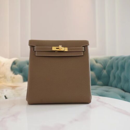 New God Factory Bags Hermes C18 Gris Etoupe Clemence Leather Kelly Ado Backpack22cm Gold Hardware