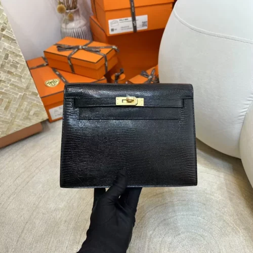 New Arrival Lizard Leather Kelly Danse 22CM 89 Noir Gold Hardware