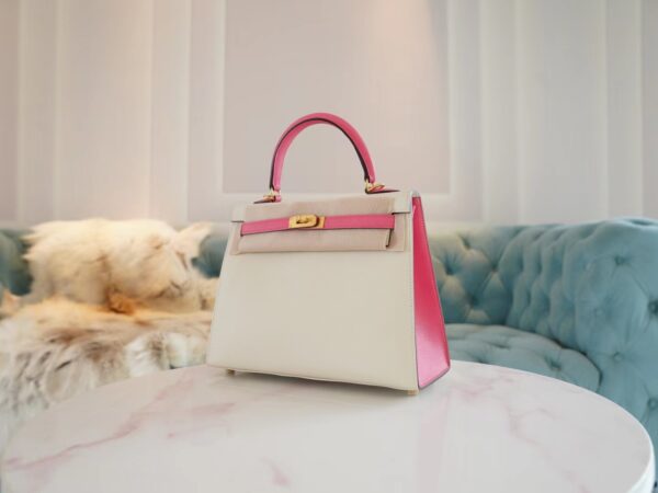49d7da6f834ca88 Handmade Hermes Kelly Sellier 25CM Epsom CK10 Craie/ 8W Rose Azalee Brush Gold Hardware