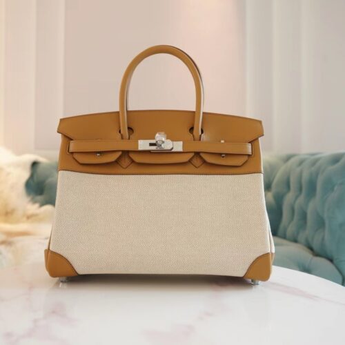 New Arrival Hermes Beige Canvas/2S Sesame Leather Birkin30CM Silver Hardware