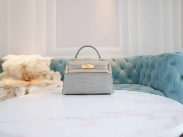 4b0836fbd5cb0ce-1 God Factory Bags Hermes Mini Kelly Two 19CM C80 Pearl Grey Matt Alligator Crocodile Gold Hardware