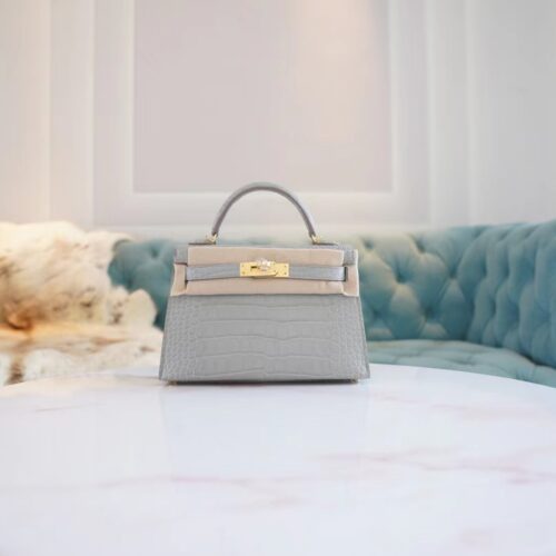 God Factory Bags Hermes Mini Kelly Two 19CM C80 Pearl Grey Matt Alligator Crocodile Gold Hardware