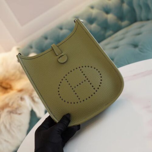 God Factory Bags Hermes Mini Evelyne 16CM Q1 Sauge Clemence Leather Silver Hardware