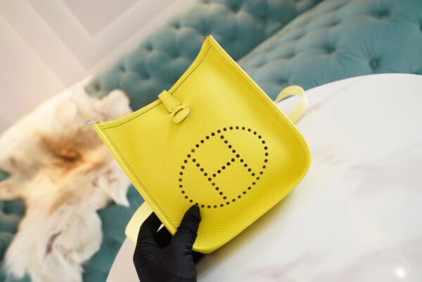 4d6b7ac4a967002-1 Full Handmade Hermes Mini Evelyne16CM 9R Lemon Yellow Clemence Leather Silver Hardware