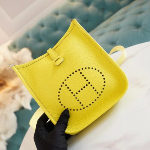 Full Handmade Hermes Mini Evelyne16CM 9R Lemon Yellow Clemence Leather Silver Hardware