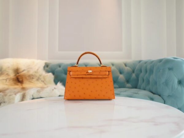 4dba49c35ee18dc-1 Full Handmade Hermes Mini Kelly19CM I9 Abricot KK Ostrich Leather Gold Hardware