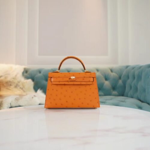 Full Handmade Hermes Mini Kelly19CM I9 Abricot KK Ostrich Leather Gold Hardware