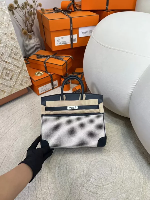 4fe6677b0efe71c-jpg-1 Full Handmade Caban Toil Canvas / Leather Birkin Bag 25CM Silver Hardware