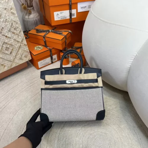 Full Handmade Caban Toil Canvas / Leather Birkin Bag 25CM Silver Hardware