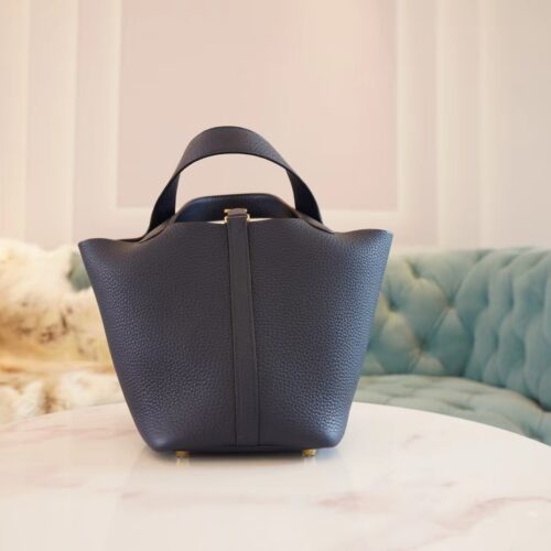 Full Handmade Hermes Picotin Bag18CM Blue Nuit Clemence Leather Gold Hardware