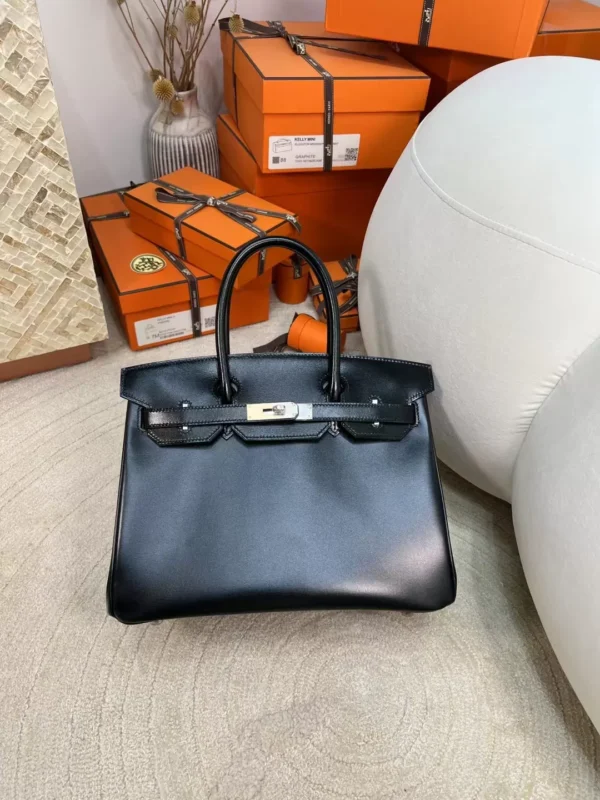 5554d8df68d4802-jpg-1 New Arrival 89 Noir Box Leather Birkin 30CM Tote Bag Silver Hardware