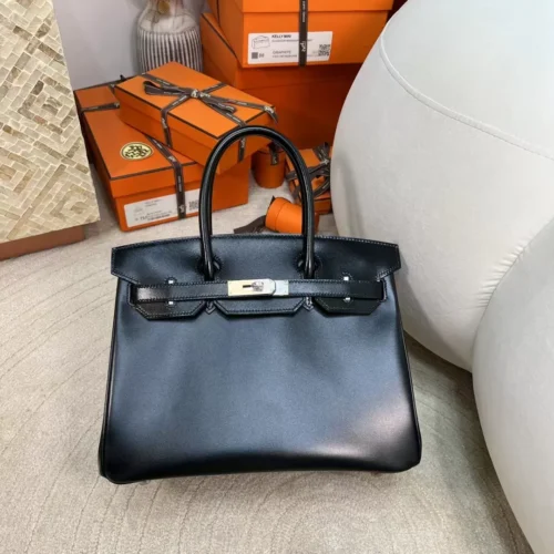 New Arrival 89 Noir Box Leather Birkin 30CM Tote Bag Silver Hardware