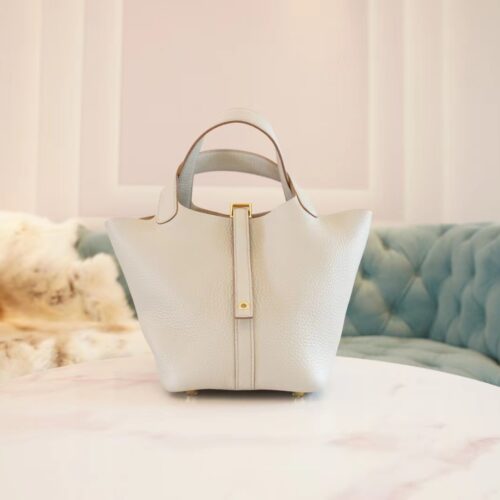 God Factory Bags Hermes C80 Gris Pearl Clemence Leather Picotin18CM Gold Hardware