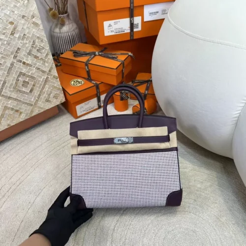 Hong Kong Birkin 25CM Toil Canvas / Leather N5 Cassis Silver Hardware