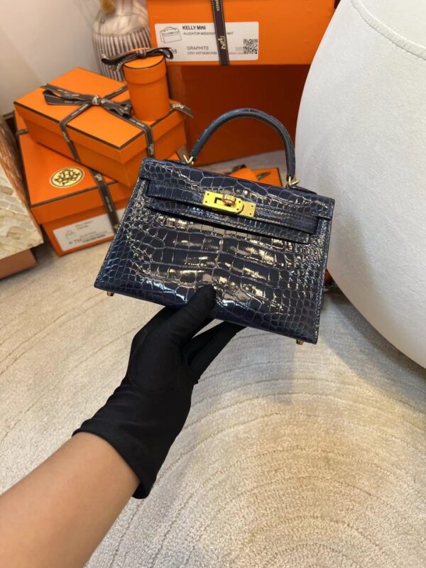 561405925a4e1fd-1 Hermes Boutique 73 Blue Saphir Shiny Alligator Mini Kelly 19CM Gold Hardware