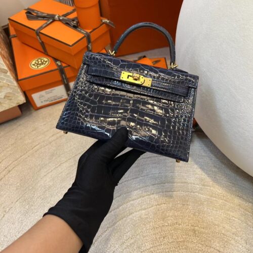 Hermes Boutique 73 Blue Saphir Shiny Alligator Mini Kelly 19CM Gold Hardware