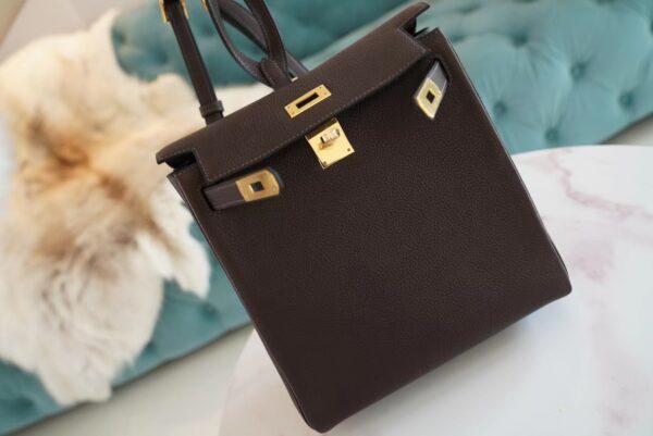 56857a5bf0251f9 Full Handmade Hermes Kelly Ado 22cm Backpack 46 Ebene Barenia Faubourg Gold Hardware