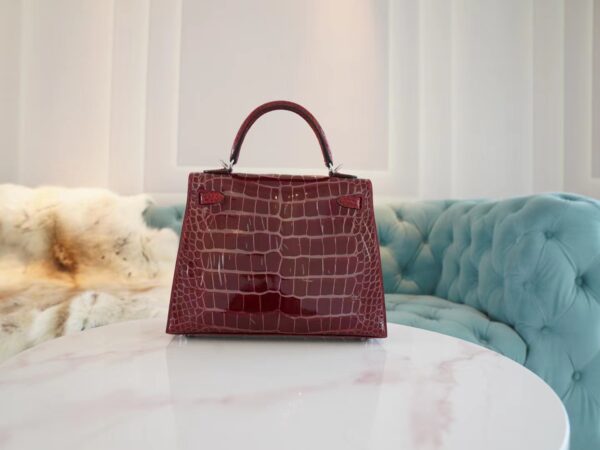 God Factory Bags Hermes Kelly 25CM 57 Bordeaux Shiny Aligator Crocodile Silver Hardware