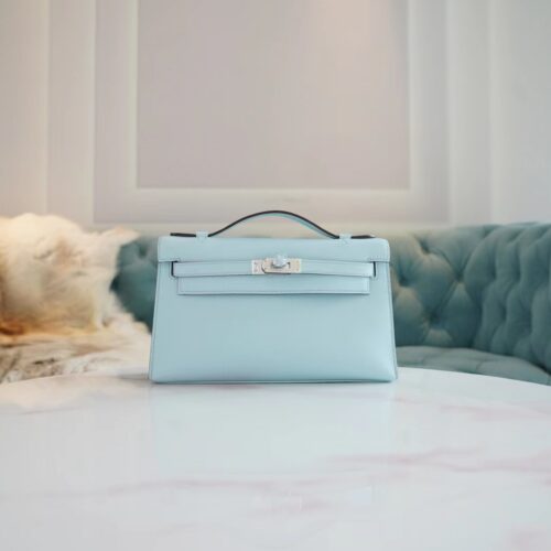 Fashion Hermes U2 Blue Zephyr Kelly Pochette 22cm Swift Leather Silver Hardware