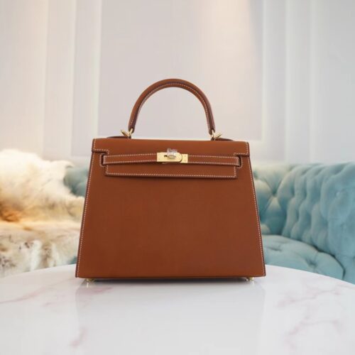 Full Handmade Hermes Fauve Barenia Kelly Sellier 25CM Women’s Bag Gold Hardware