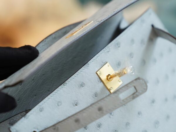 5be401517f3bb64 New Arrival Hermes Kelly Pochette22cm 8U Blue Glacier KK Ostrich Leather Gold Hardware