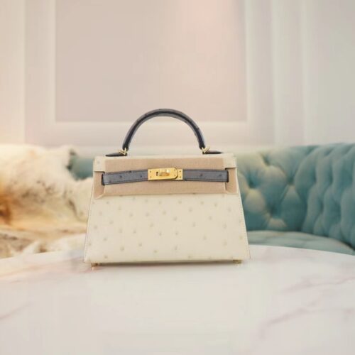 New Hermes Mini Kelly19CM 8L Beton/M8 Gris Asphalt KK Ostrich Skin Gold Hardware