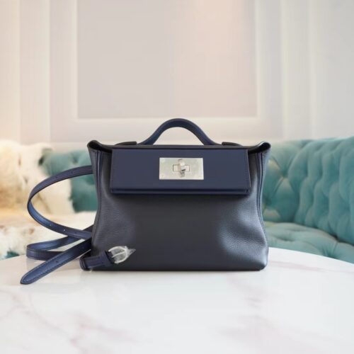 New God Factory Bags Hermes Mini Kelly 24/24 Blue Navy&2ZBlue Nuit Evercolor Leather Silver Hardware