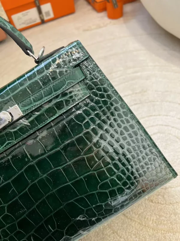 5e4b24ab3784b08-jpg Full Handmade Hermes 67 Vert Fonce Kelly 25CM Sellier Shiny Alligator Crocodile Silver Hardware
