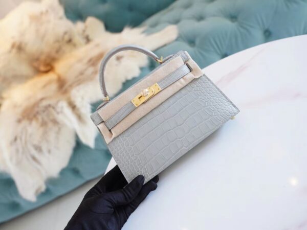 5f4a6db8b592db6 God Factory Bags Hermes Mini Kelly Two 19CM C80 Pearl Grey Matt Alligator Crocodile Gold Hardware