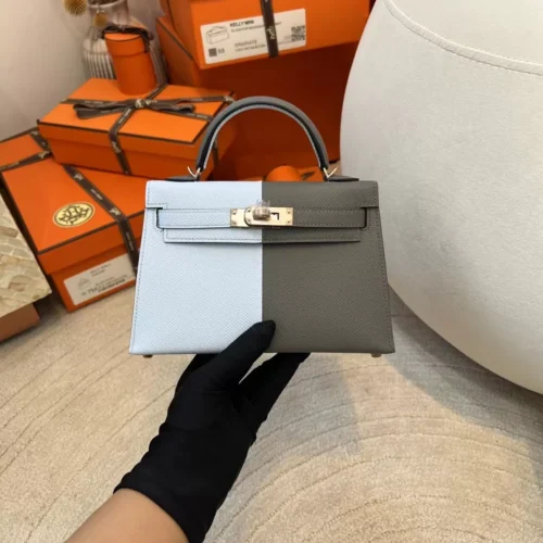 USA Washington Hermes Epsom Mini Kelly 19CM 0L Gris Meyer/ T0 Blue Brume Gold Hardware