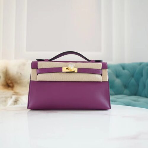 Full Handmade Hermes Kelly Pochette22cm P9 Anemone Swift Leather Gold Hardware