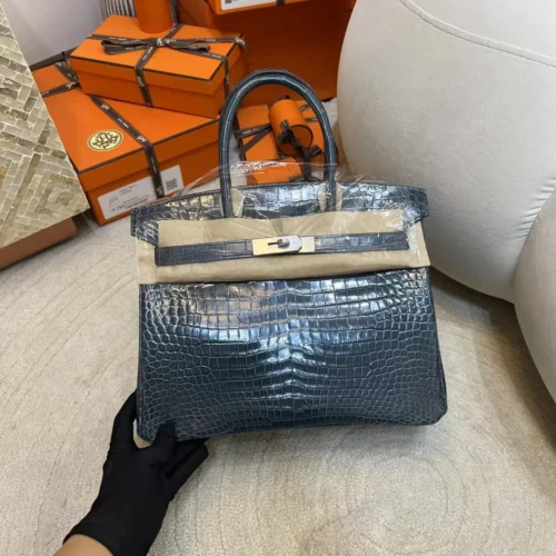 Hermes Shiny Porosus Crocodile Birkin 30CM Y7 Blue Orage Silver Hardware