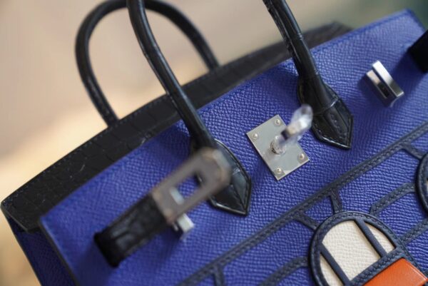 624df99edf45123 Full Handmade Hermes Blue Four Leathers Birkin House 20CM Silver Hardware